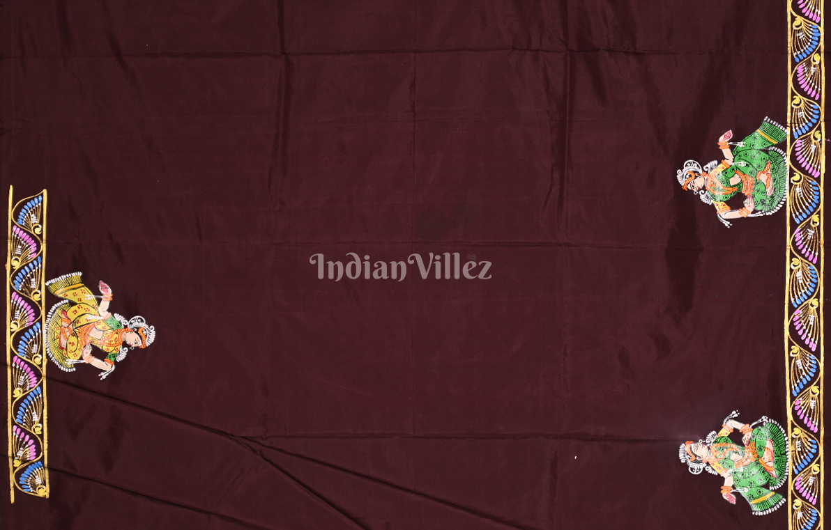 Maroon Peacock (Mayur) & Nartaki Theme  Hand-Painted Pattachitra Saree