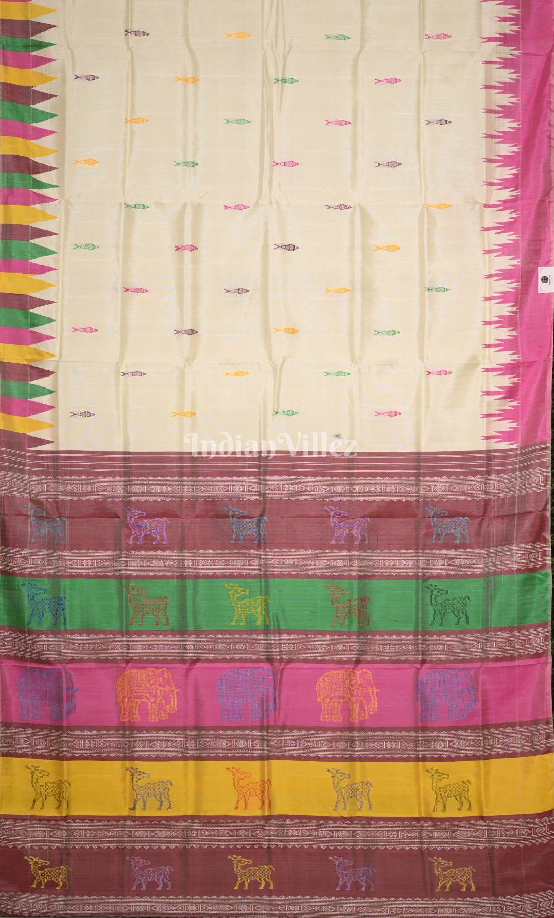 white with Multicolour  Fish Motif Double Pallu Berhampuri Silk Saree 