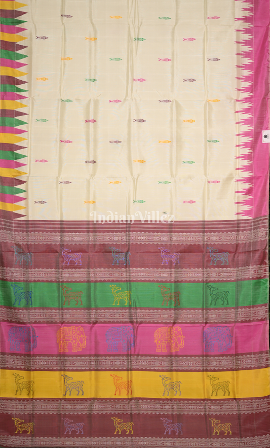 white with Multicolour  Fish Motif Double Pallu Berhampuri Silk Saree 