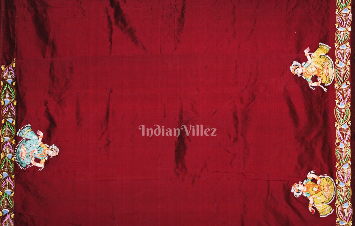 Maroon Giri Govardhan Hand-Painted Pattachitra Saree