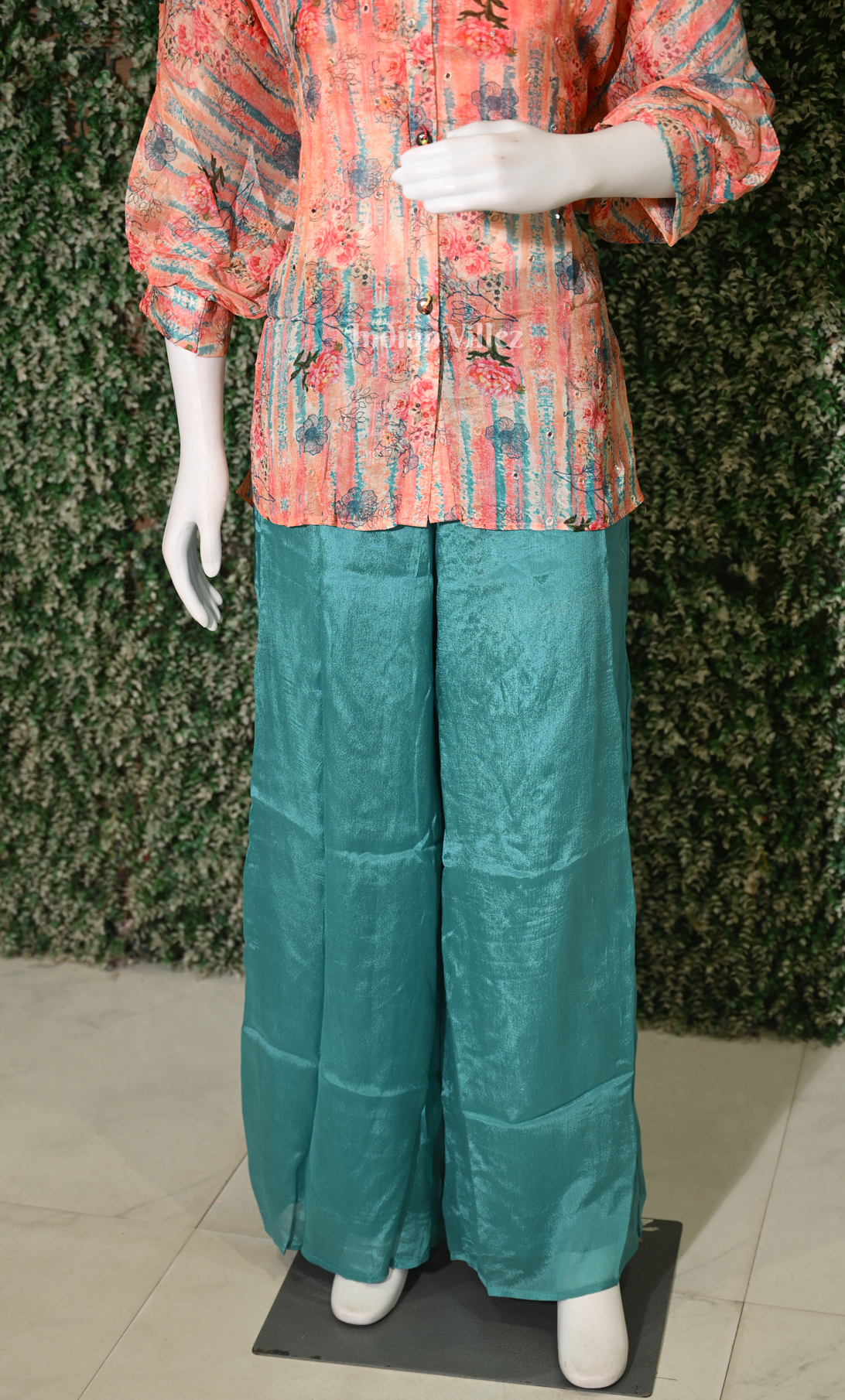 Designer Light Orange Blue Floral Printed Kurta Set with Palazzo-(Co-Ords Set) 