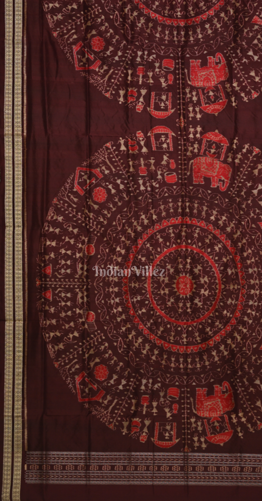 Exclusive Coffee Tribal Theme Designer Odisha Ikat Sambalpuri Silk Saree