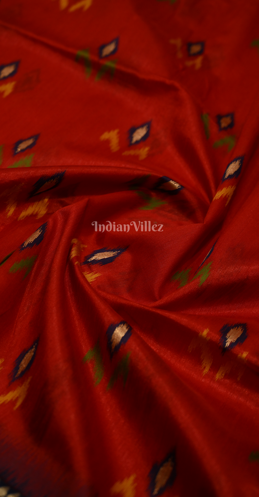 Red Blue Ikat Saree with Zari Border Tussar Silk