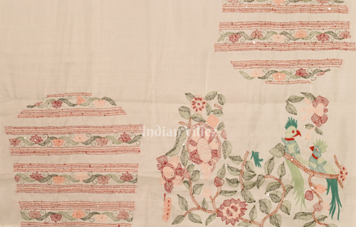 White Tusasr Silk Saree with Hand Embroidery Work Work