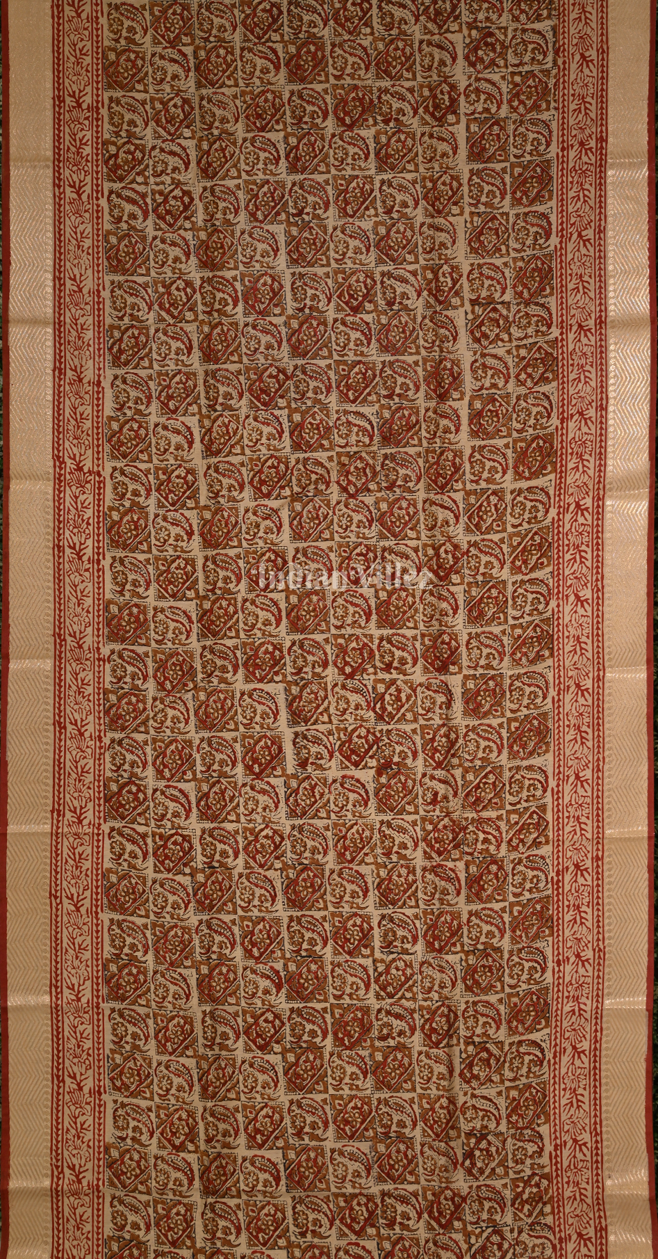  Maroon with Beige Block Printed Bagru Cotton Saree