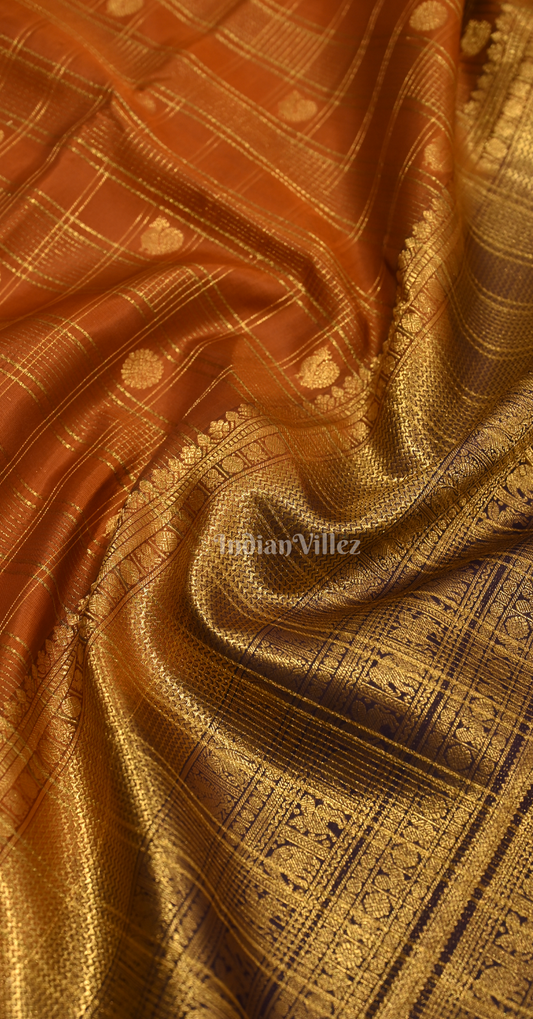 Rust Orange Coffee Check Butta Design Brocade Pure Kanjivaram Silk Saree 