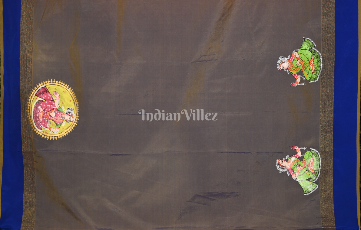 Orange Grey Krishna Raas Leela Hand-Painted Pattachitra Saree 