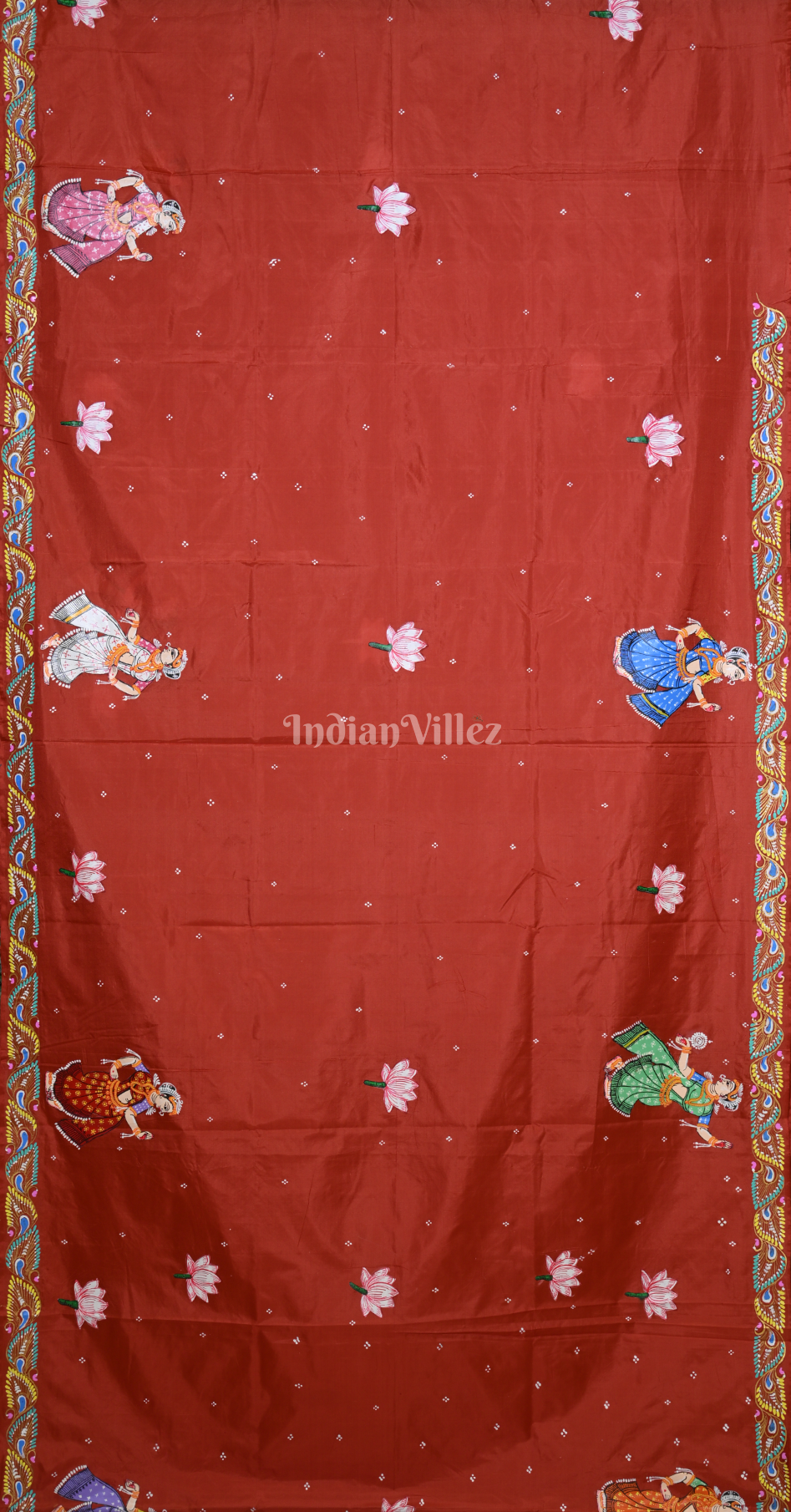 Maroon  Krishna  Raas Leela Hand-painted Pattachitra Saree 