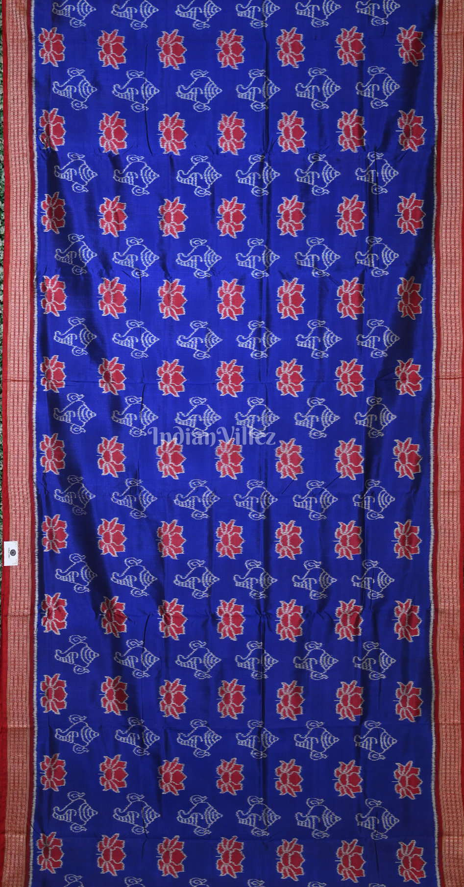 Blue Red Sankha Lotus Motif Odisha Ikat Sambalpuri Silk Saree