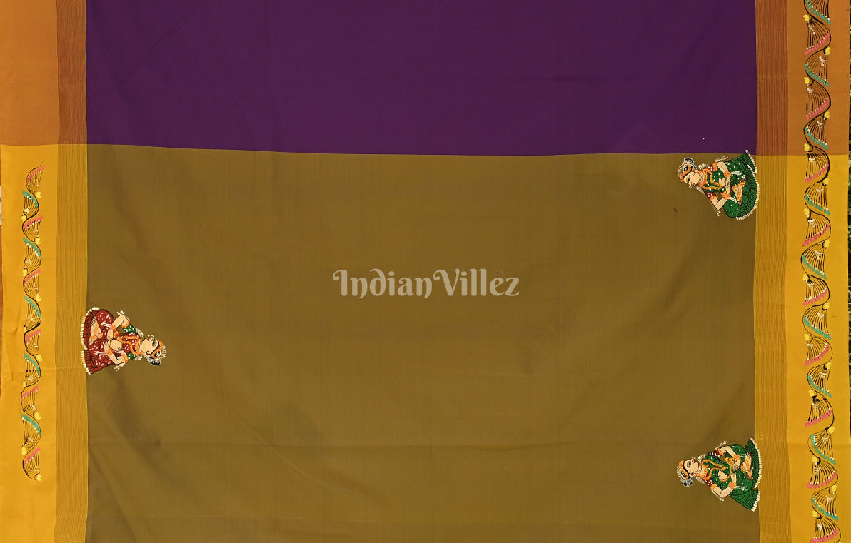 Purple Olive Green Krishna Raasleela Hand-Painted Pattachitra Saree 