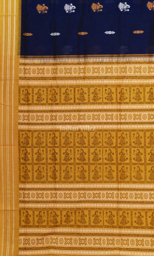 Blue Yellow Doll Theme Odisha Ikat Bomkai Cotton Saree