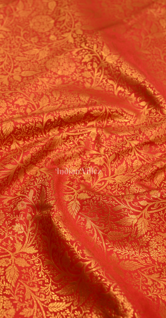 Red Golden Leaf & Vine Pattern Kanjivaram Silk Saree