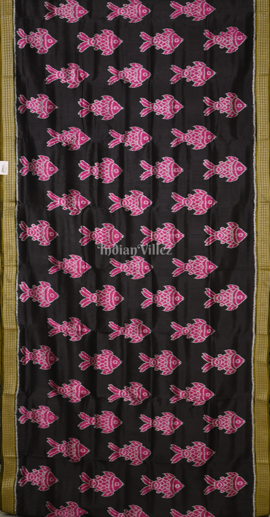 Black Green Fish Motif Odisha Ikat Sambalpuri Silk Saree