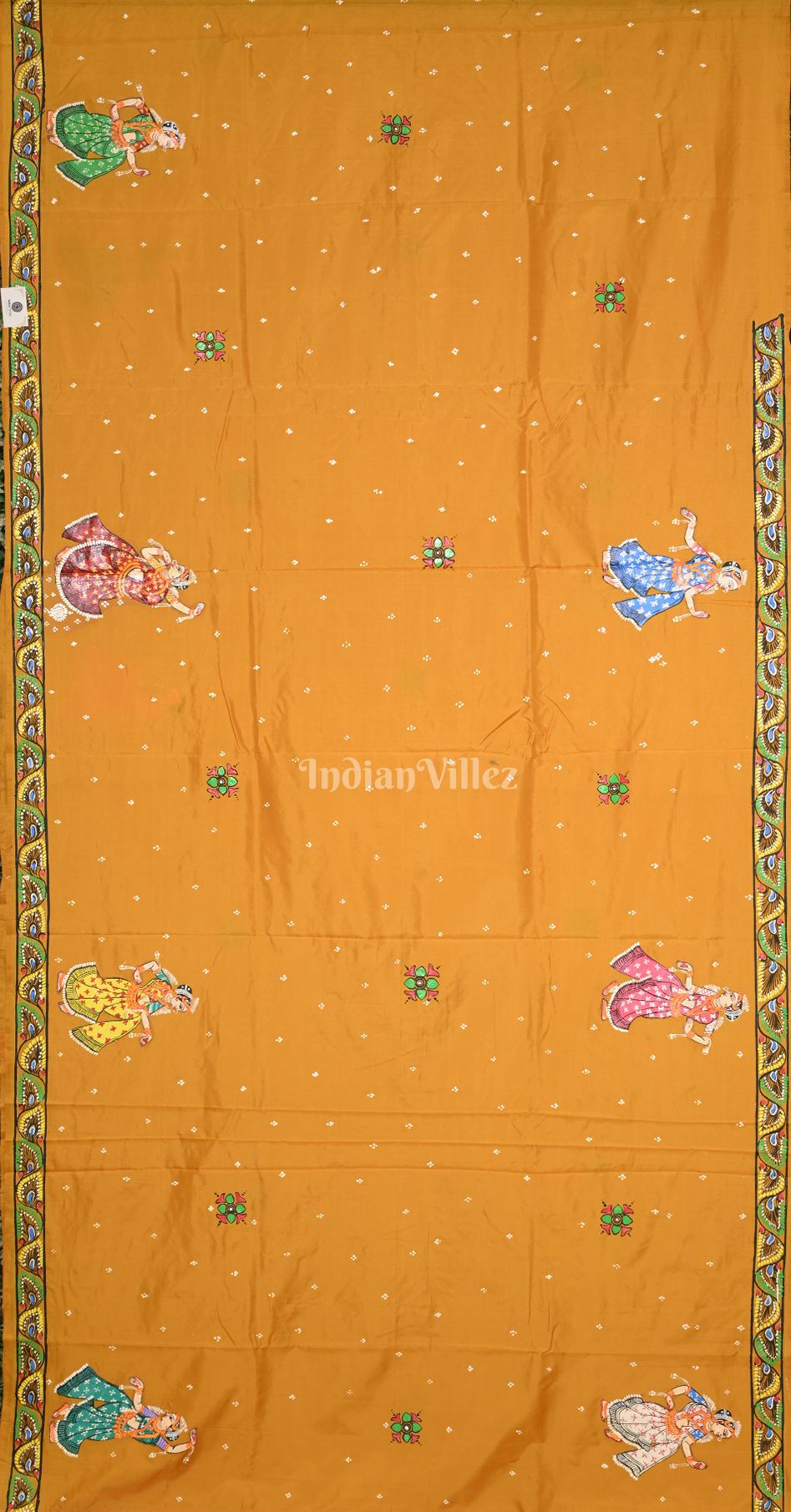 Mustard Yellow Rani Pink (Mayur) & Nartaki Theme Dual Tone Hand-Painted Pattachitra Saree