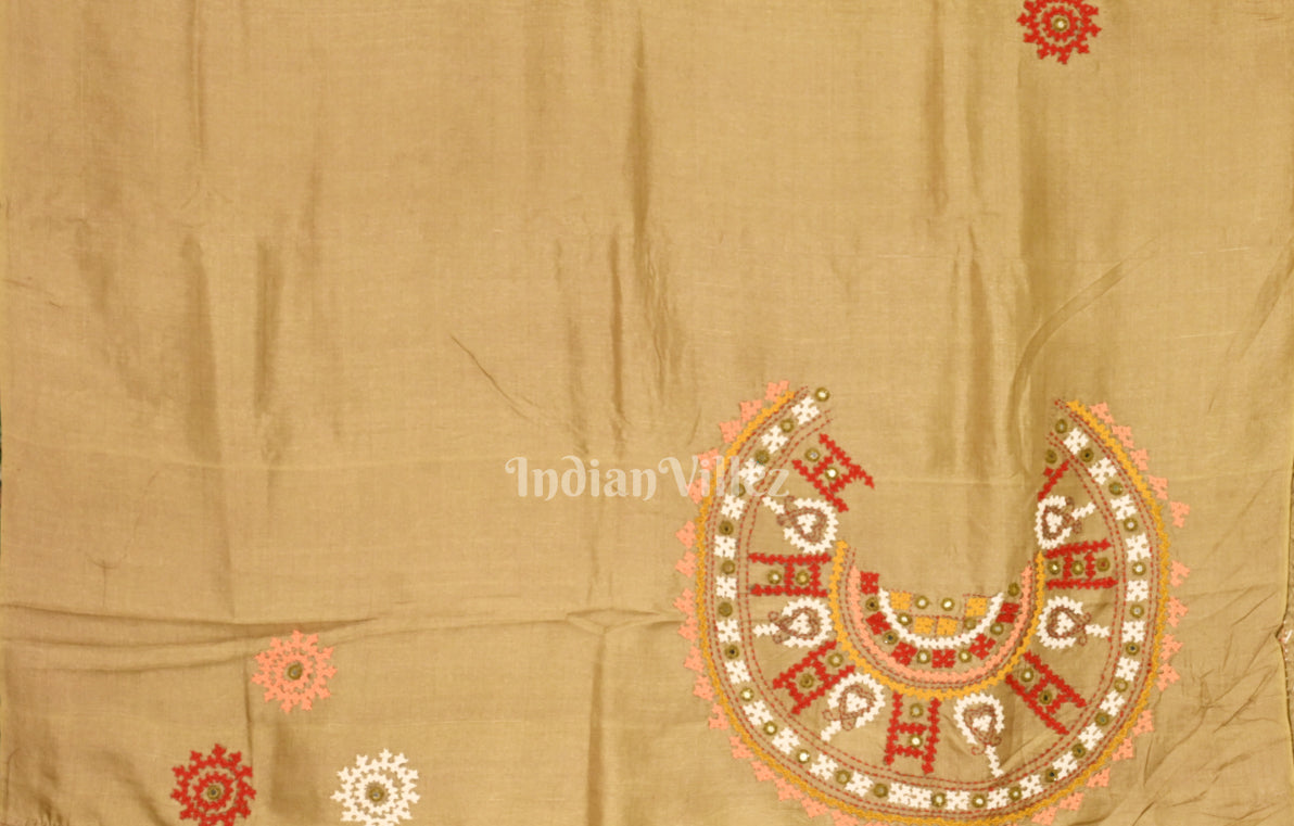  Beige Applique Work Hand Embroidered Saree
