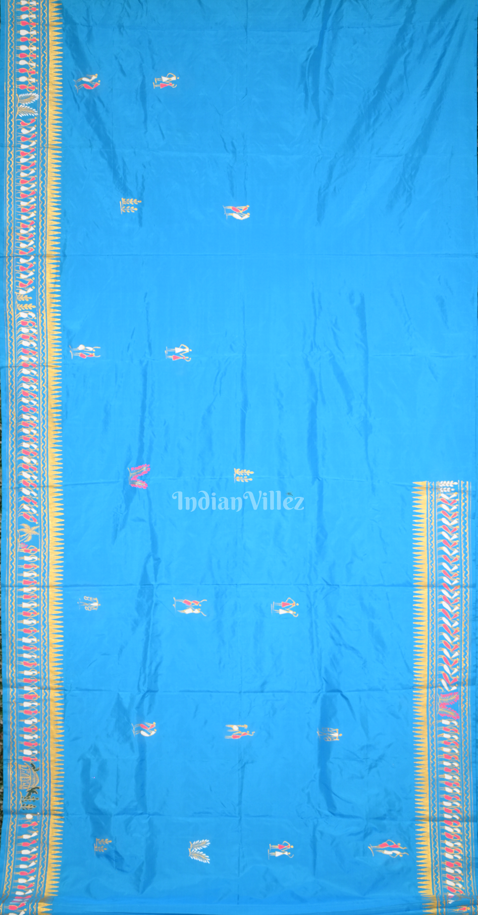Sky Blue Tribal Art Konark Temple Hand-Painted Pattachitra Saree
