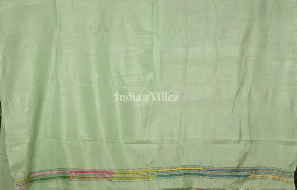 Pista Green Flower Bird Motif Handwoven Kantha Stitch Silk Saree 