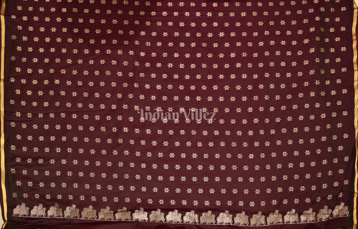 Wine Floral Mashru Satin Banarasi Silk Saree with Pichwai Motif