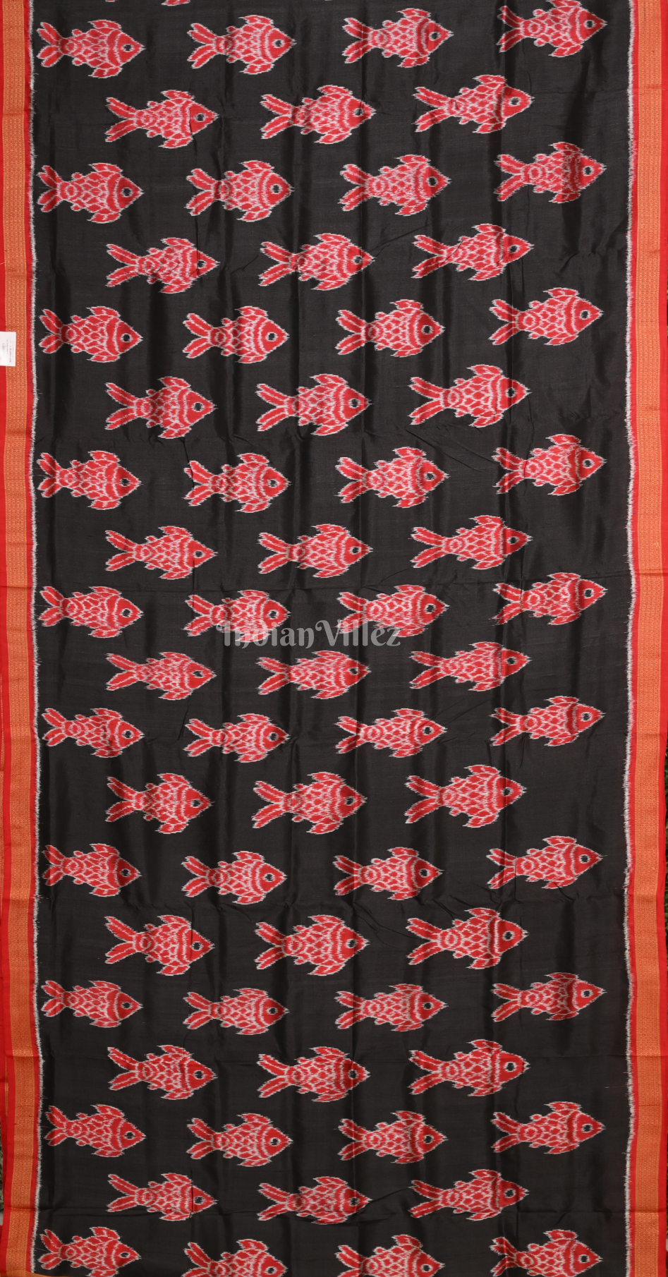 Black Red Fish Motif Odisha Ikat Sambalpuri Silk Saree 