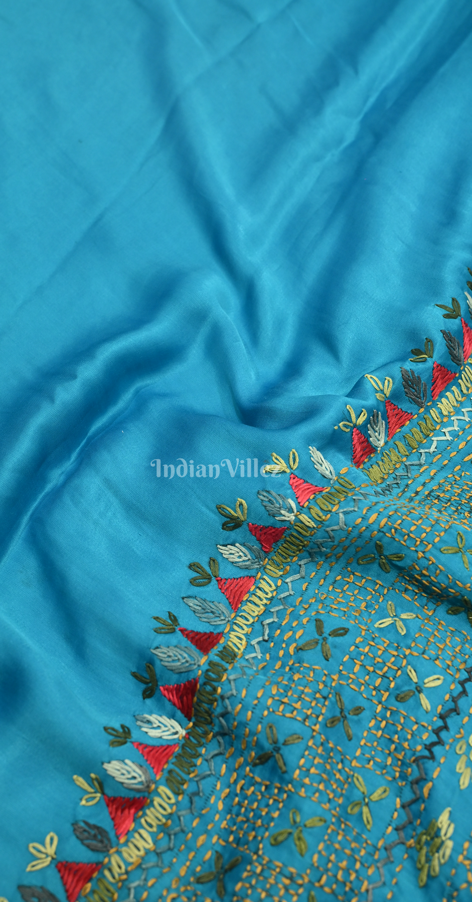 Sky Blue Kutch Embroidery Work Gaji Silk Saree 