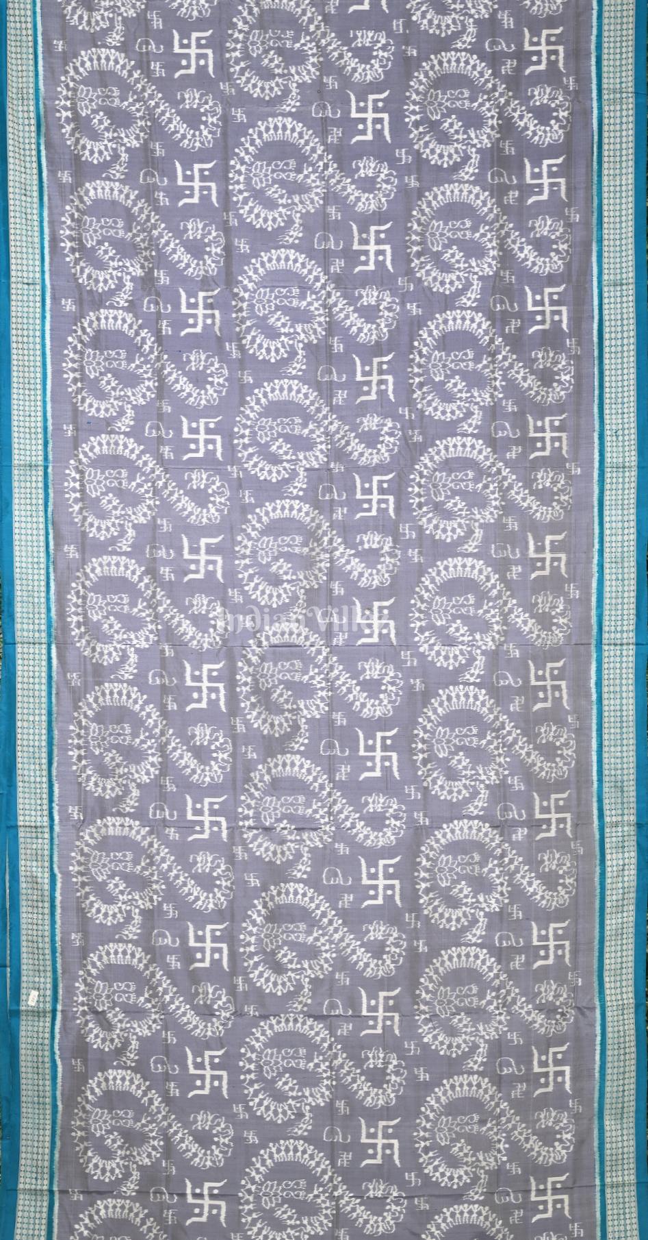 Grey Peacock Blue Swastik Motif Odisha Ikat Sambalpuri Silk Saree 