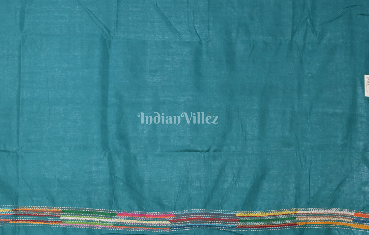 Teal Blue Bird Motif Handwoven Kantha Stitch Silk Saree 