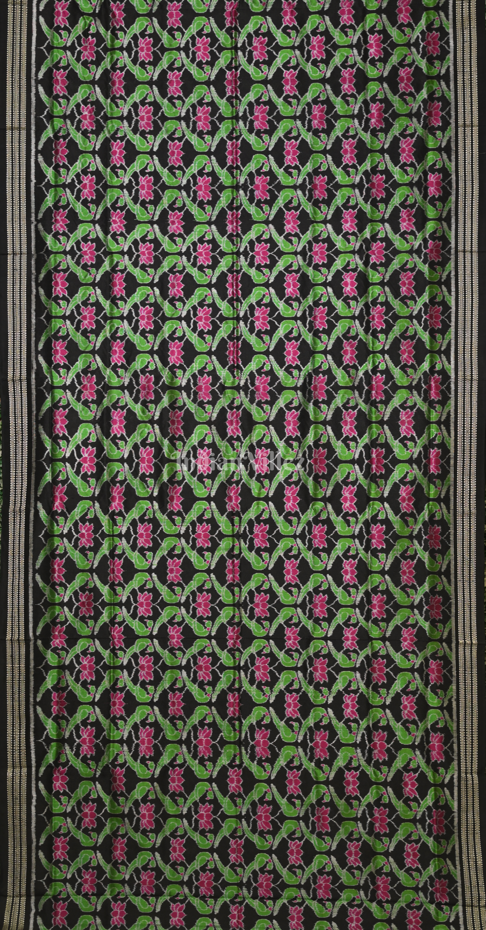 Green Black Lotus Parrot Motif Odisha Ikat Sambalpuri Silk Saree 