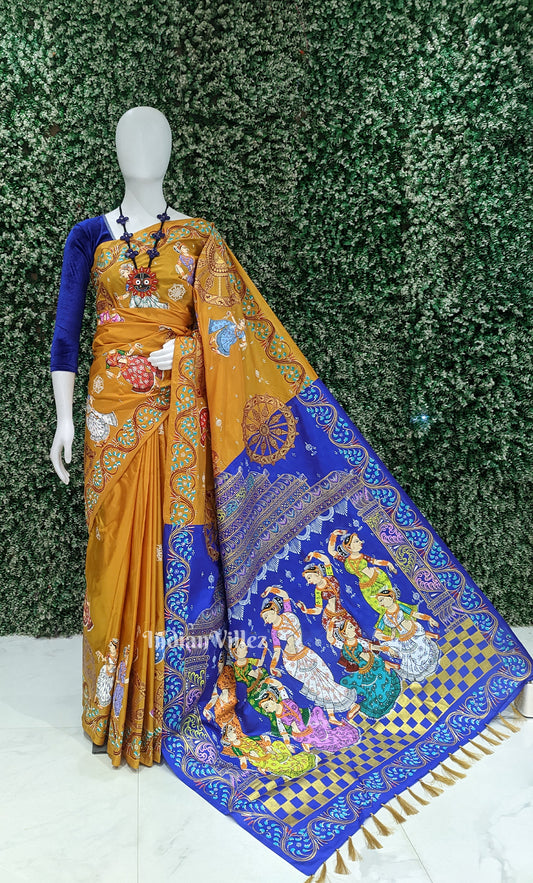 Rust Orange Blue Nartaki Konark Temple Hand-Painted Pattachitra Saree