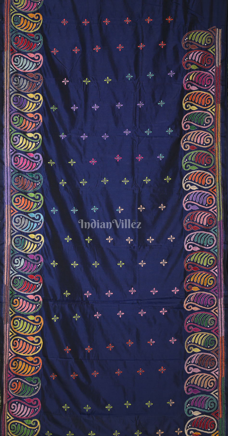 Royal Blue Floral Handwoven Kantha Stitch Silk Saree 