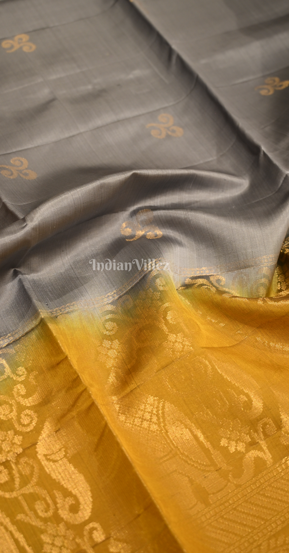 Grey Mustard Yellow Floral Zari Pure Kanjivaram Soft Silk Saree