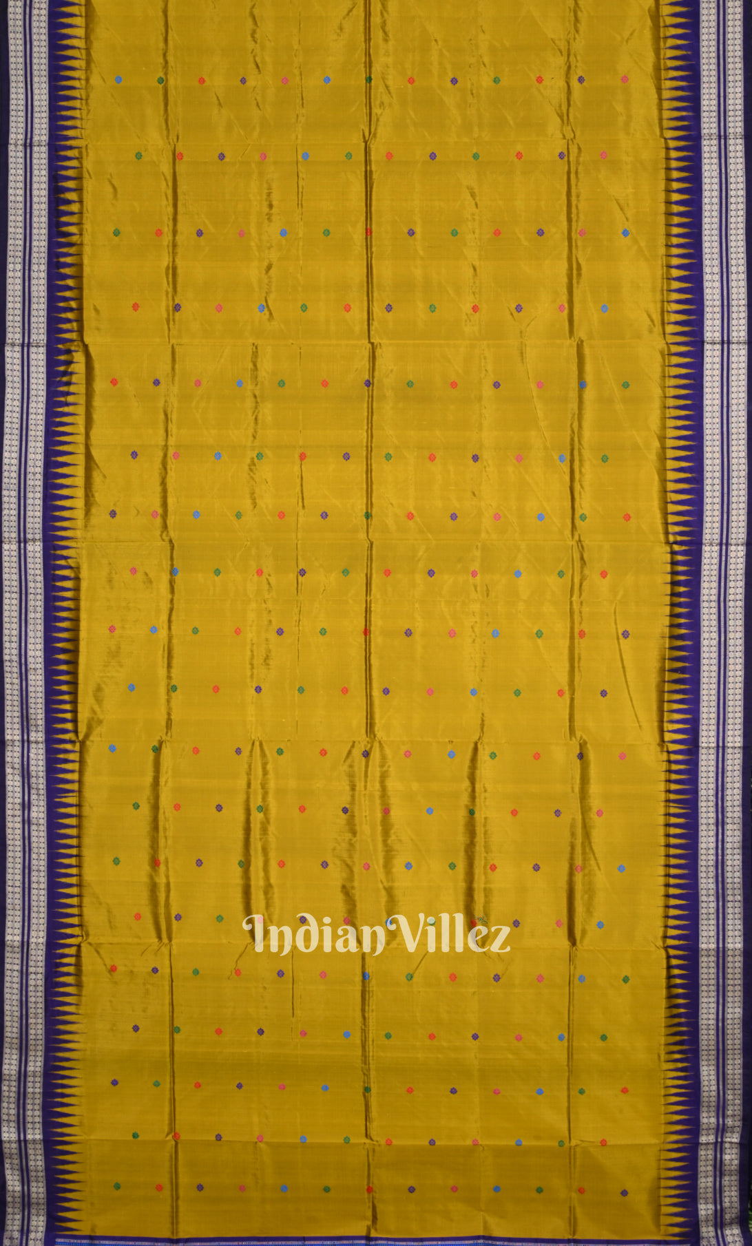 Mustard Yellow Blue Dolabedi Bomkai Sambalpuri Ikat Silk Saree