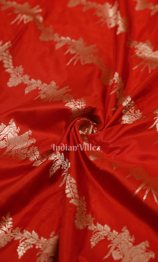 Exclusive Bridal Red Shikargah Theme Pure Katan Banarasi Silk Saree