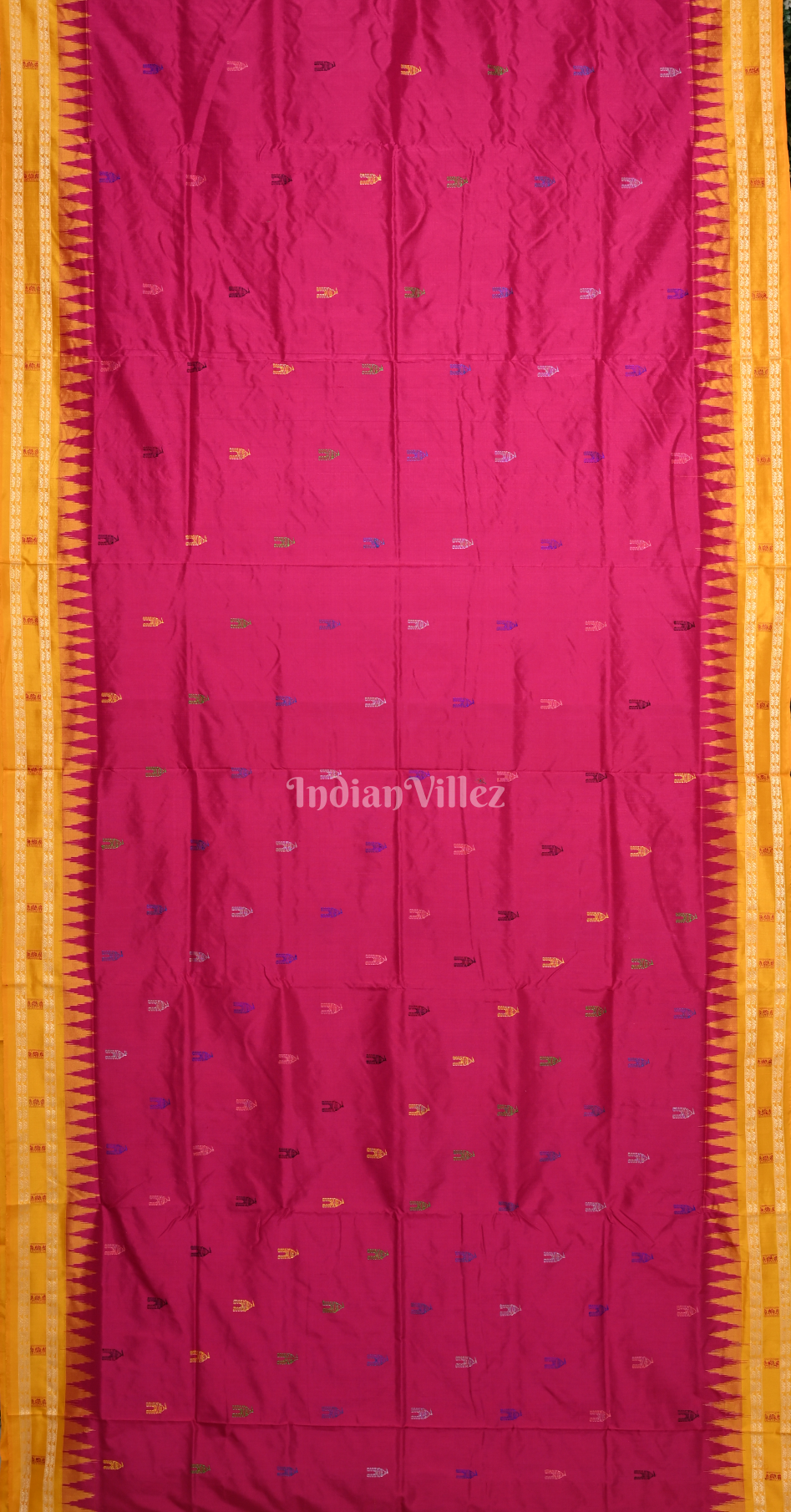 Rani Pink Yellow Shree Mandir Theme Bomkai Sambalpuri Ikat Silk Saree 