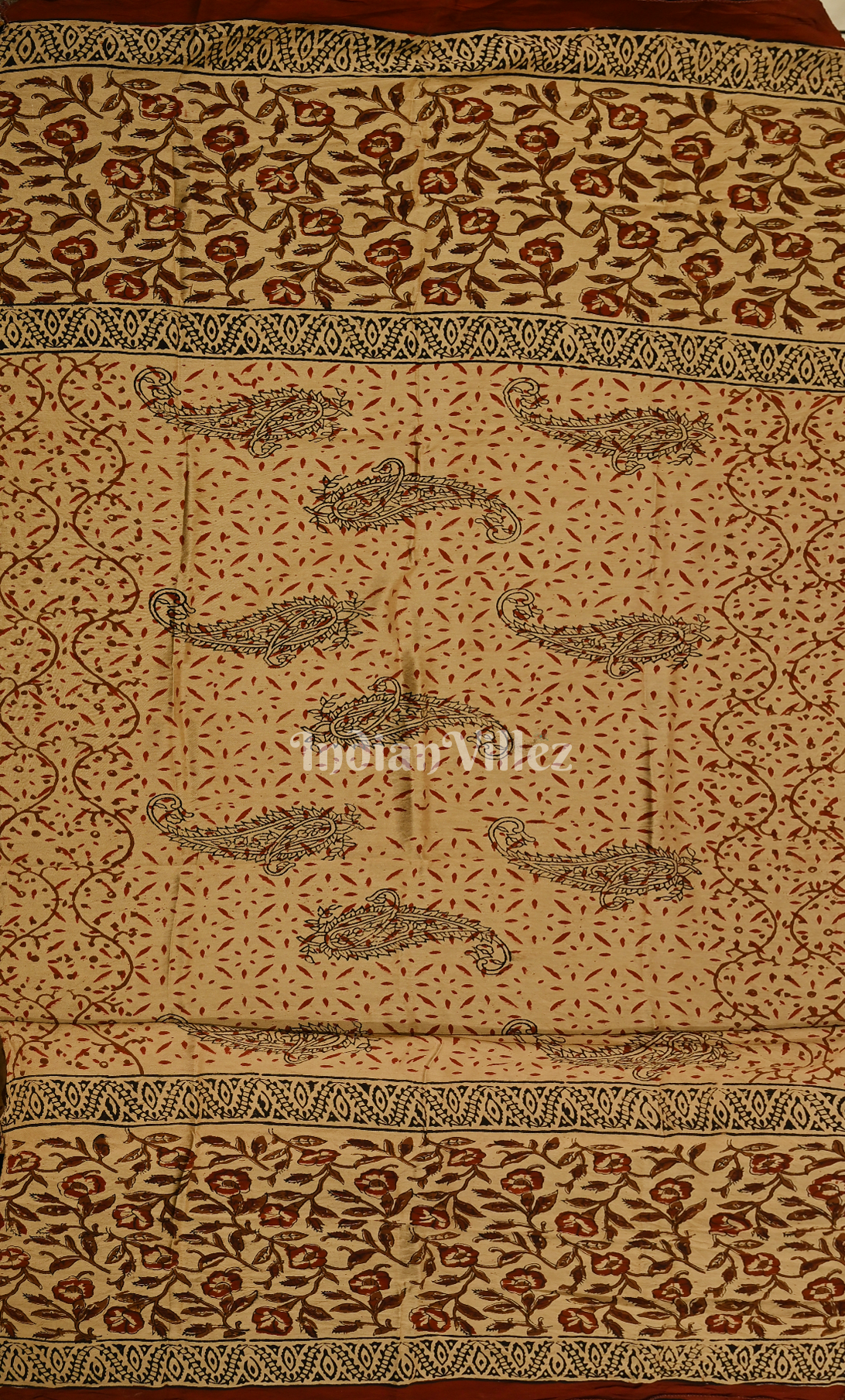 Off White Maroon Floral Bagru Block Printed Chanderi Silk Suit Sets