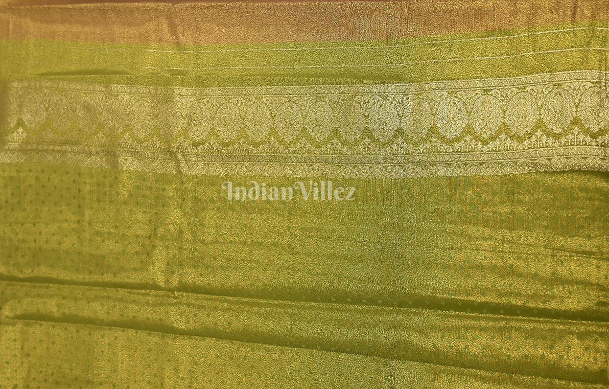 Peach Olive Green Pure Brocade Kanjivaram Silk Saree 