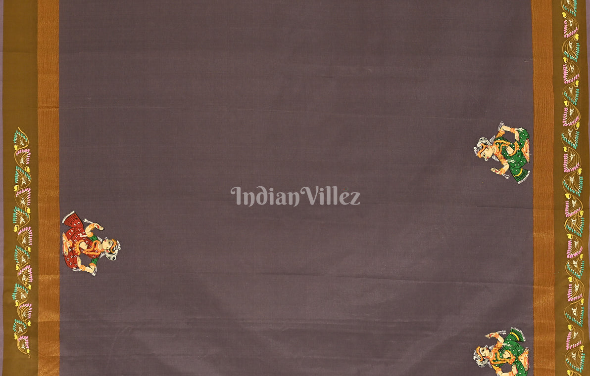 Grey Raja Doli Theme Hand-Painted Pattachitra Saree 