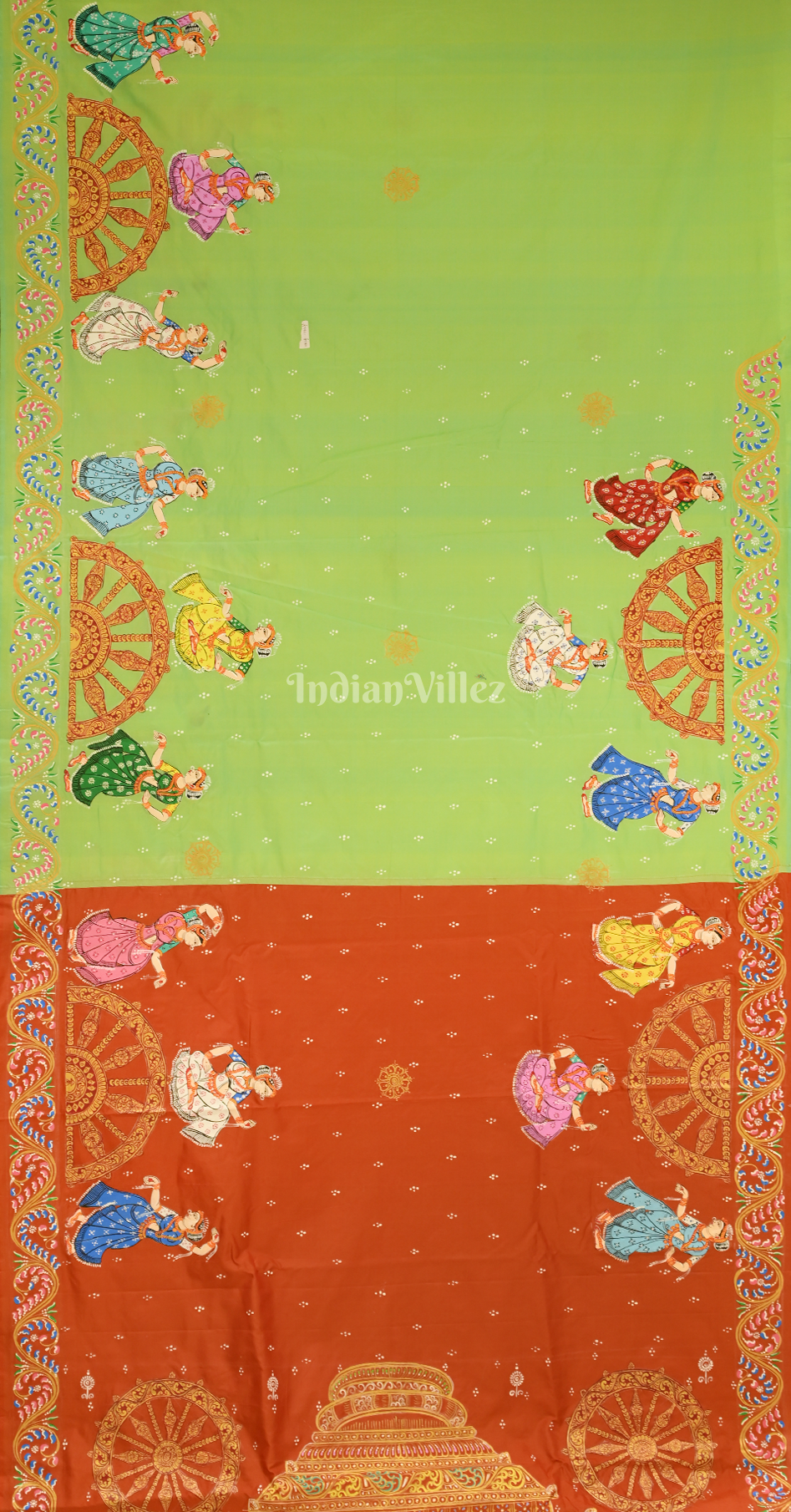 Green Rust Orange Nartaki Konark Temple Hand-Painted Pattachitra Saree
