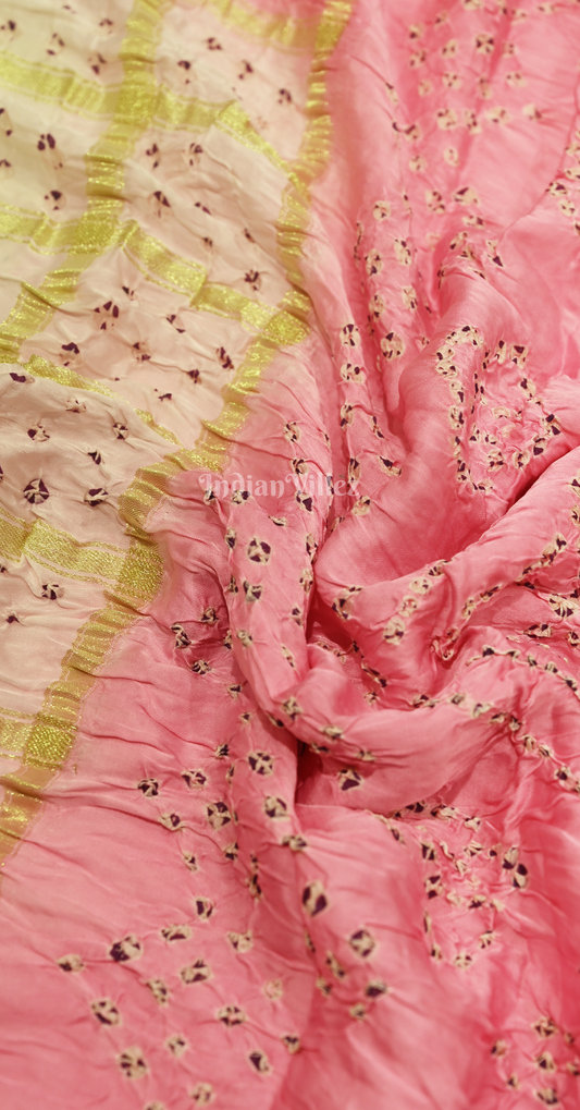 White Pink Bandhej Ghatchola Gaji Silk Saree with Zari Work