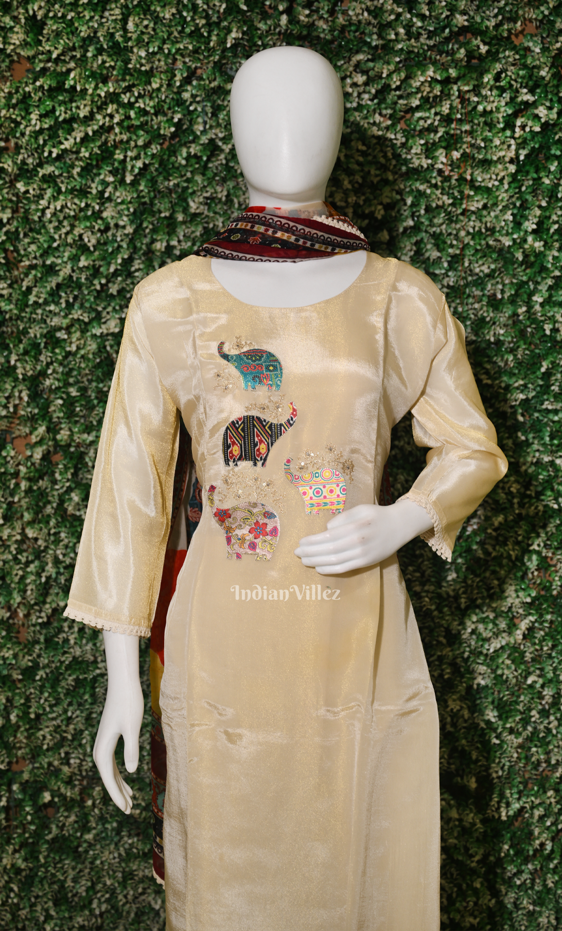 Beige Elephant Embroidered Salwar Set with Dupatta