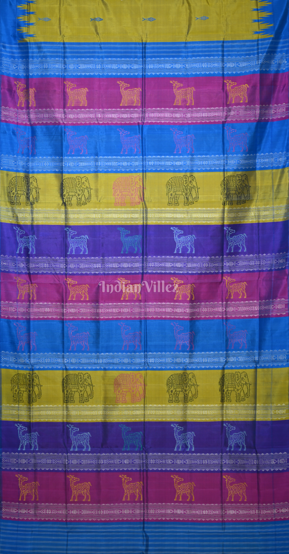 Olive Green Blue Fish Motif Double Pallu Berhampuri Silk Saree