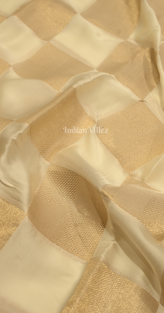Off White Golden Checks Crepe Kanjivaram Silk Saree