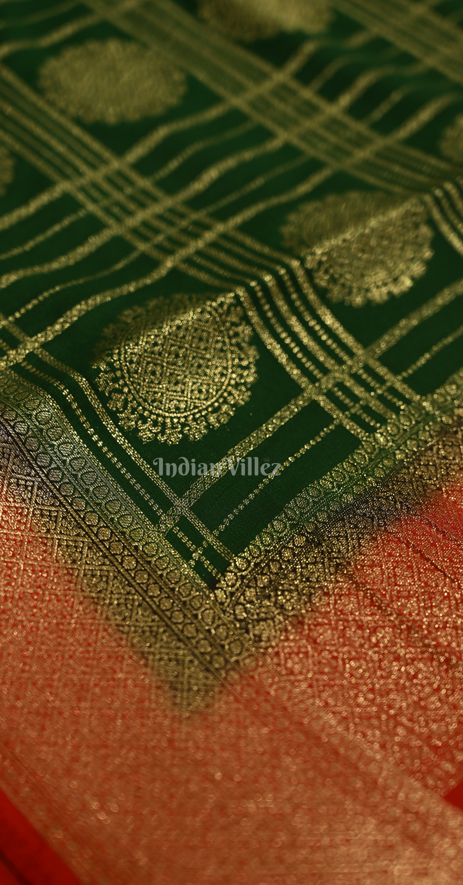 Green Red Checks Buta Pure Crepe Kanjivaram Silk Saree