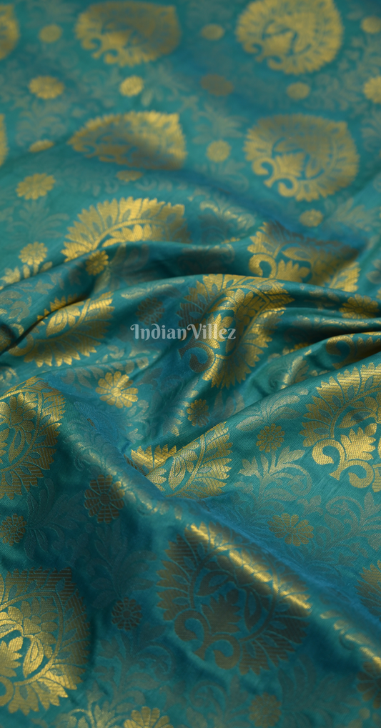 Teal Blue Floral Design Kanjivaram Silk Saree with Brocade Work