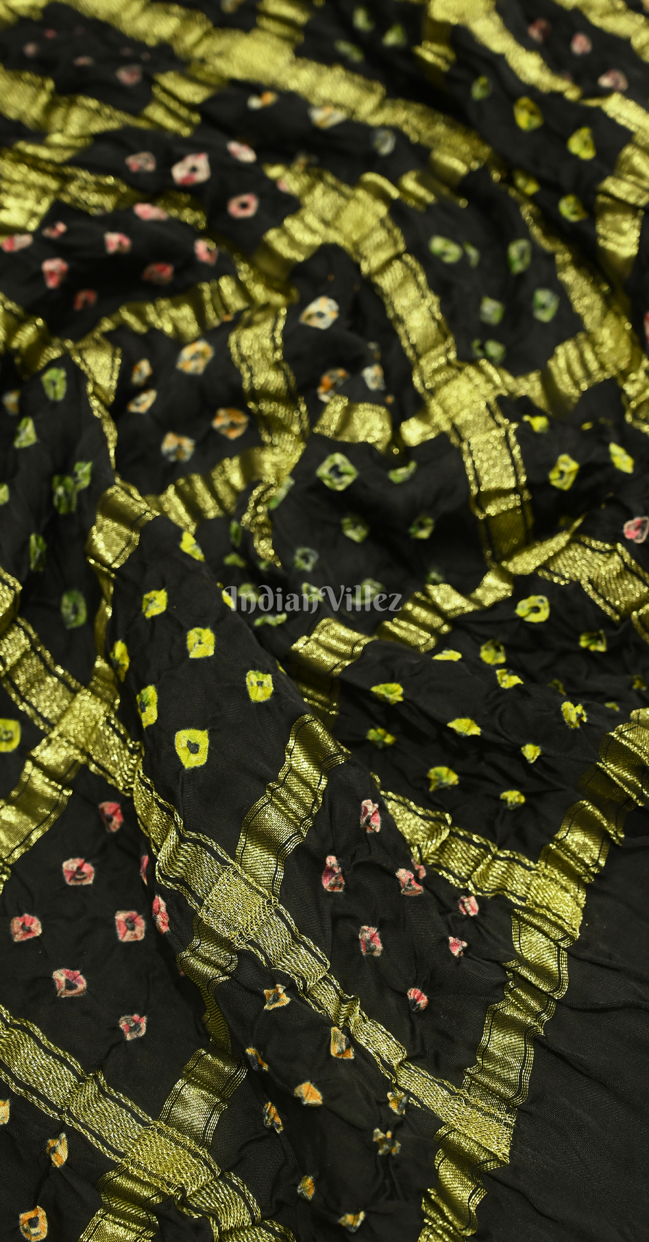Black Neon Check Bandhani Ghatchola Gaji Silk Saree with Zari Work