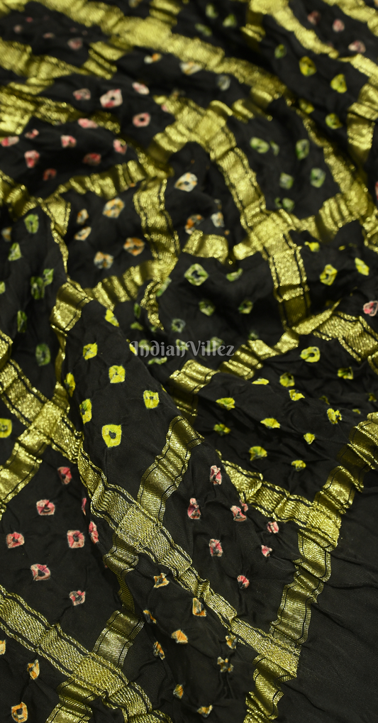 Black Neon Check Bandhani Ghatchola Gaji Silk Saree with Zari Work