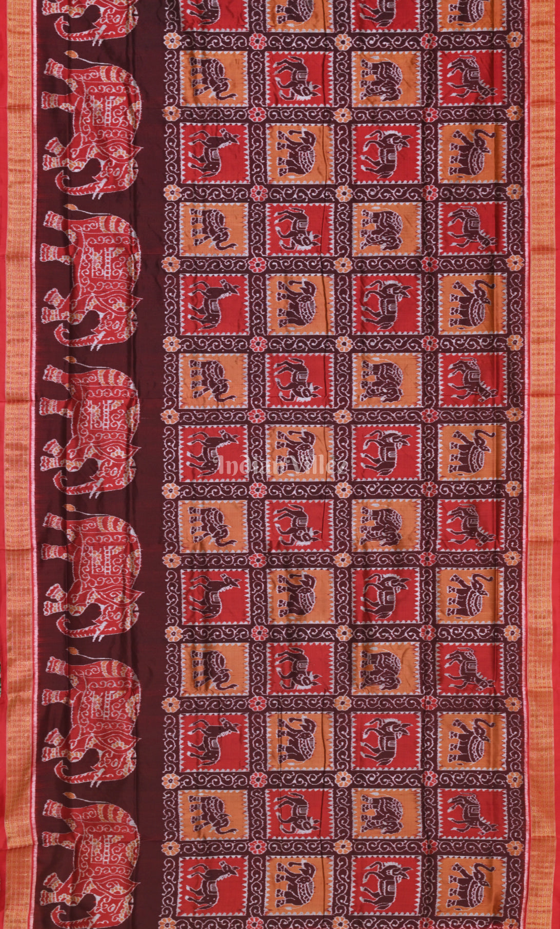 Coffee Red Elephant Motif Half Tissue Sambalpuri Silk Saree