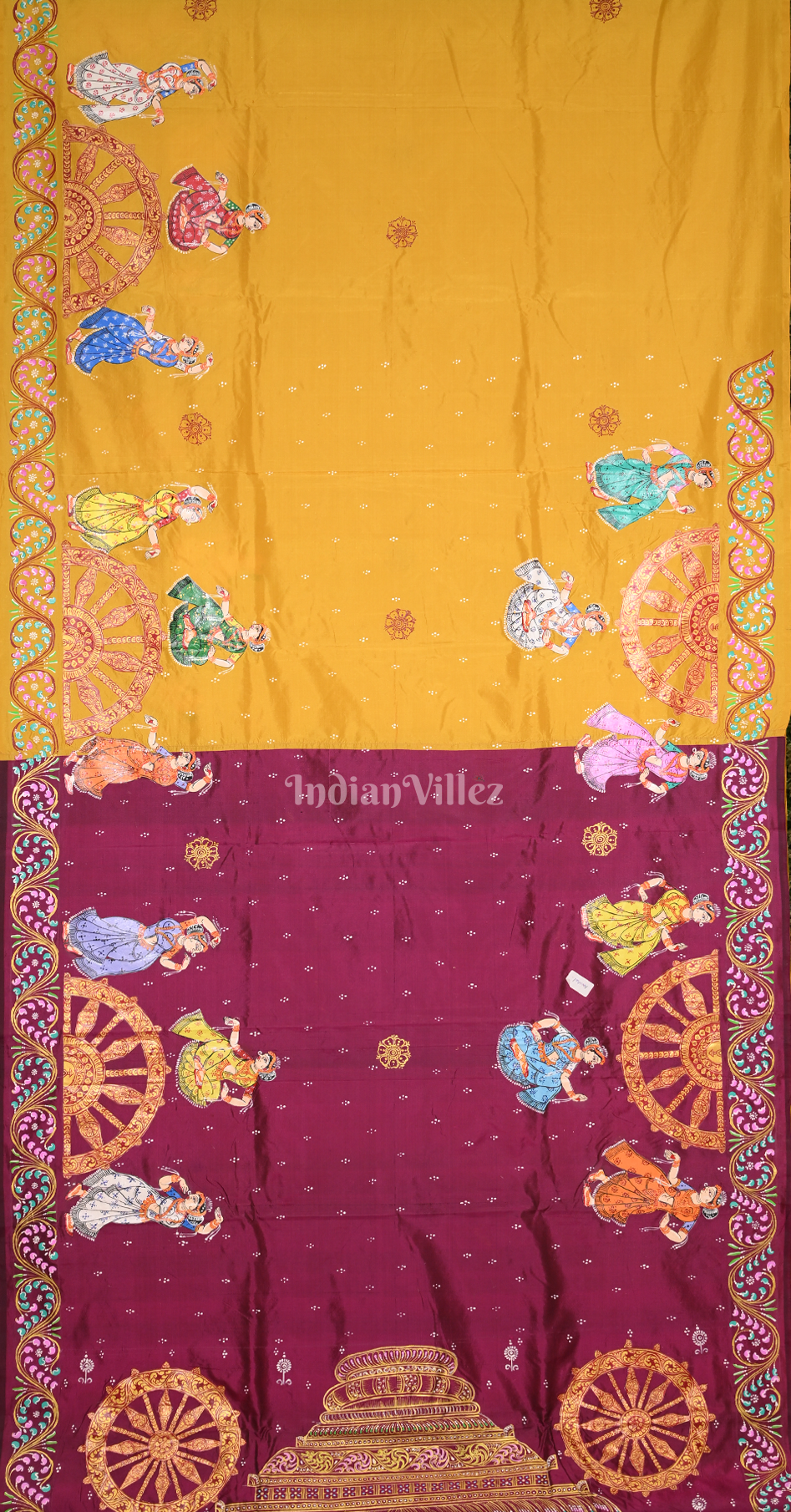 Magenta Pink Yellow Nartaki Konark Temple Hand-Painted Pattachitra Saree