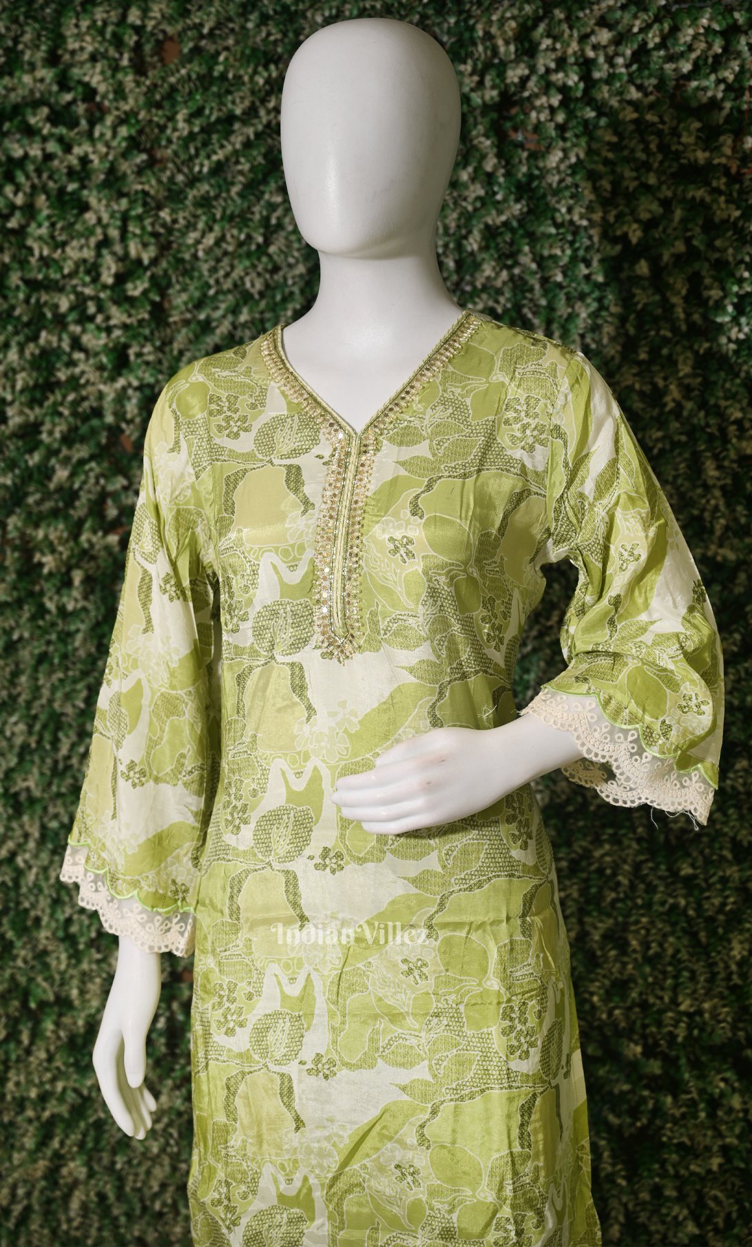 Designer Sage Green Floral Printed Kurta & Pant Set-(Co-Ords Set) 