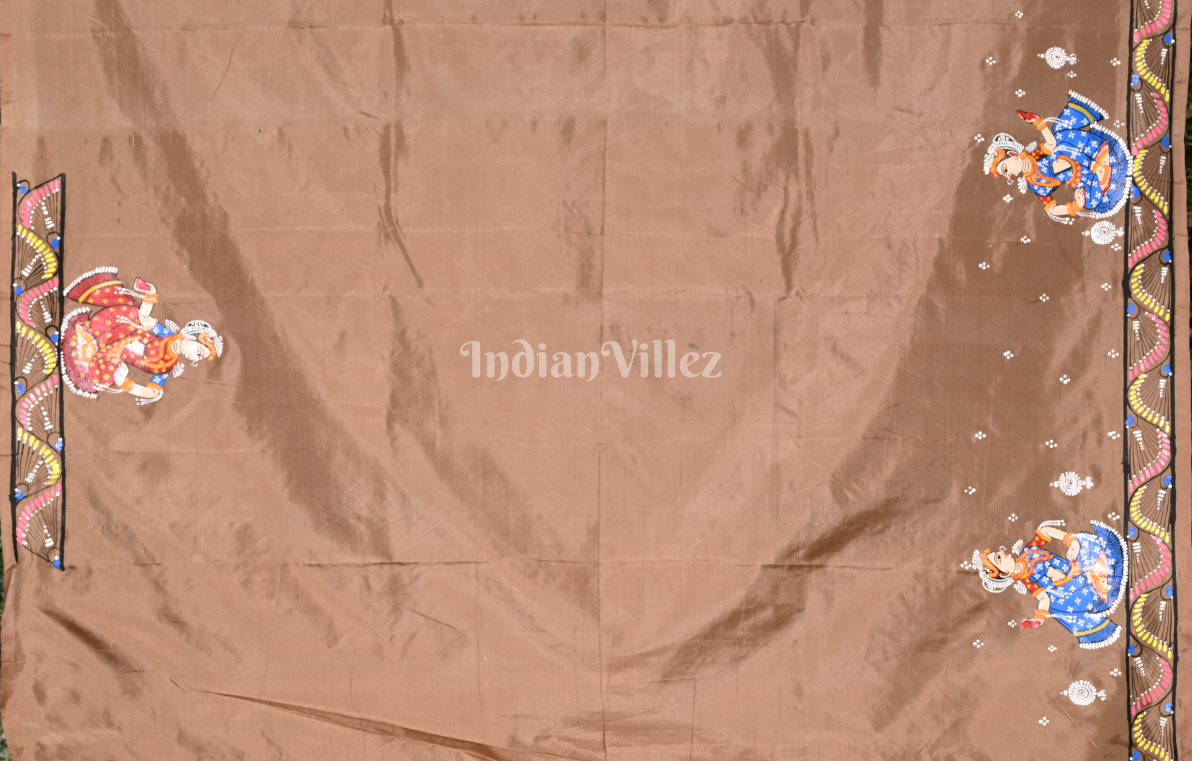 Green Beige Peacock (Mayur) & Nartaki Theme  Hand-Painted Pattachitra Saree 