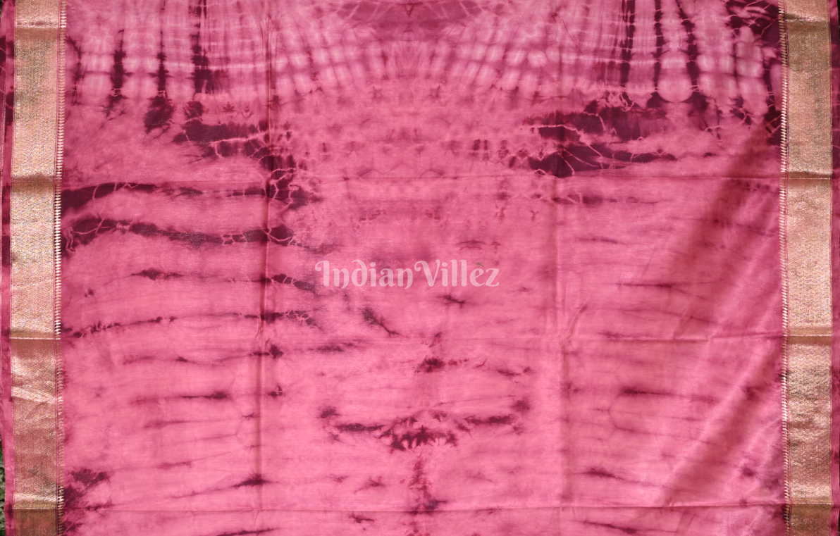 Pink Block Printed Shibori Cotton Saree 